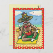 Carte Postale SOCK MONKEY RED BIKINI, AU CARTOON DE PLAGE Drôle (Devant / Derrière)