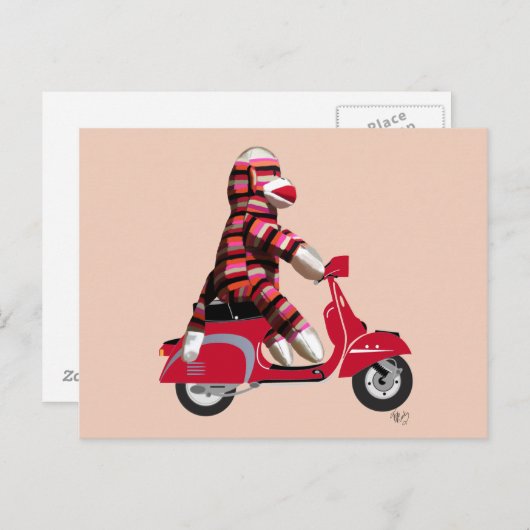 Carte Postale Sock Monkey sur Red Moped (Devant / Derrière)