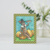 CARTE POSTALE SOCK MONKEY THANKSGIVING ET CITROUILLE PIE (Debout devant)