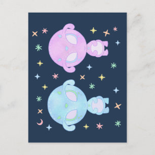 Carte Postale Sœurs jumelles aliens pastel   Art cosmique kawaii