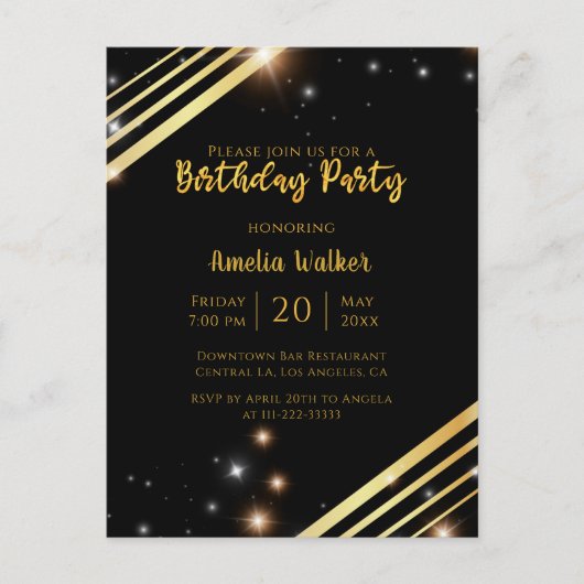 Carte Postale Soirée D'Anniversaire Noire Et D'Or Sparkly Modern (Devant)