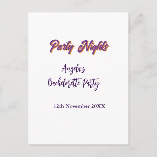 Carte Postale Soirées de fête nom de la fête de bachelorette dat (Devant)