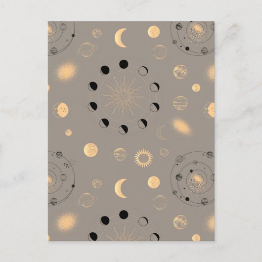 Carte Postale Soleil étoiles lune phases planètes or noir sur br (Devant)