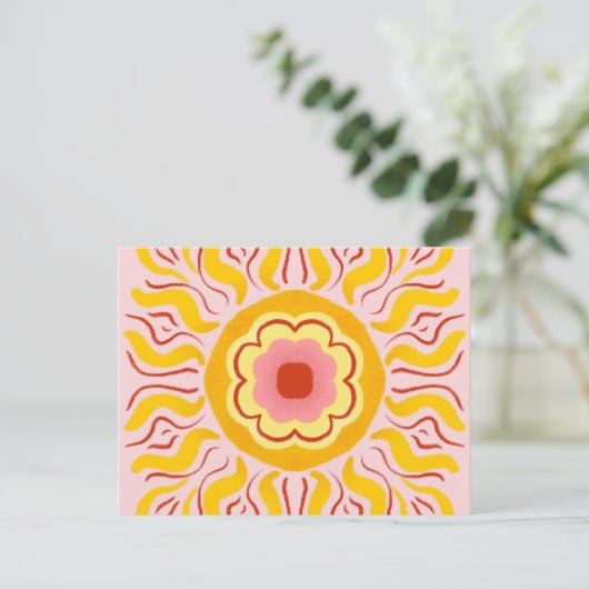 Carte Postale Soleil fleuri - jaune & rose pastel (Debout devant)