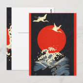 CARTE POSTALE SOLEIL ROUGE ,GRUES VOLANTS JAPONAIS,VAGUES DE MER (Devant / Derrière)