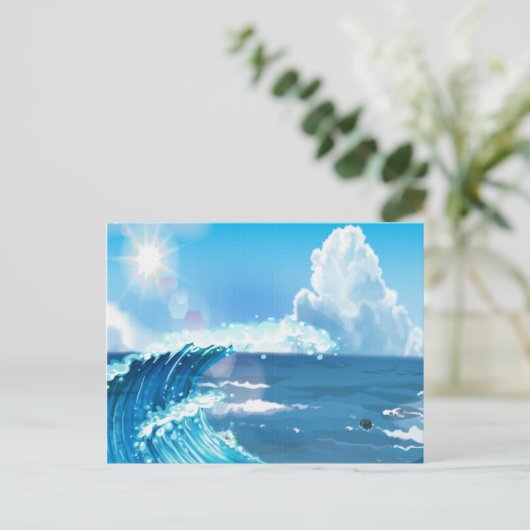 Carte Postale Soleil sur Ocean Wave avec ciel bleu nuageux (Debout devant)
