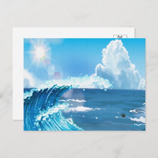 Carte Postale Soleil sur Ocean Wave avec ciel bleu nuageux (Devant / Derrière)