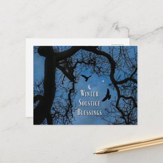 Carte Postale Solstice d'hiver Bénédiction corbeau chêne lune (Devant/Arrière en situation)