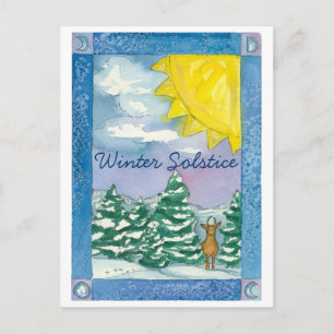 Carte Postale Solstice d'hiver Deer Aquarelle de neige Paysage