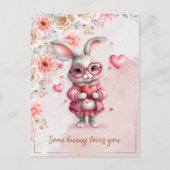 Carte Postale Some Bunny t'aime Lapin rose romantique et cœurs (Devant)