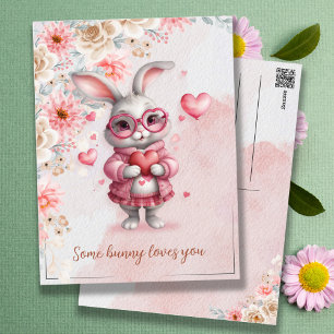 Carte Postale Some Bunny vous aime Lapin Rose Romantique & Cœurs