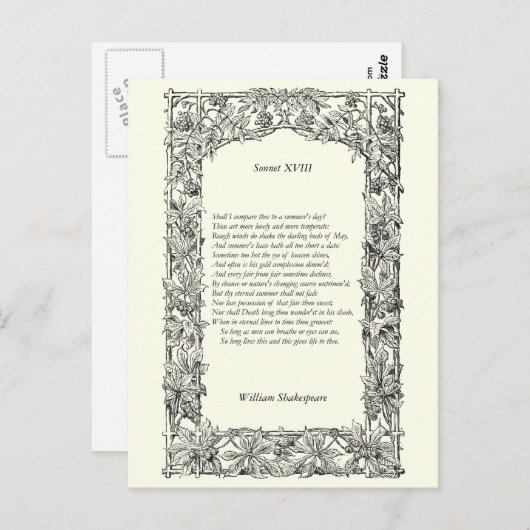 Carte Postale Sonnet # 18 de Shakespeare (Devant / Derrière)