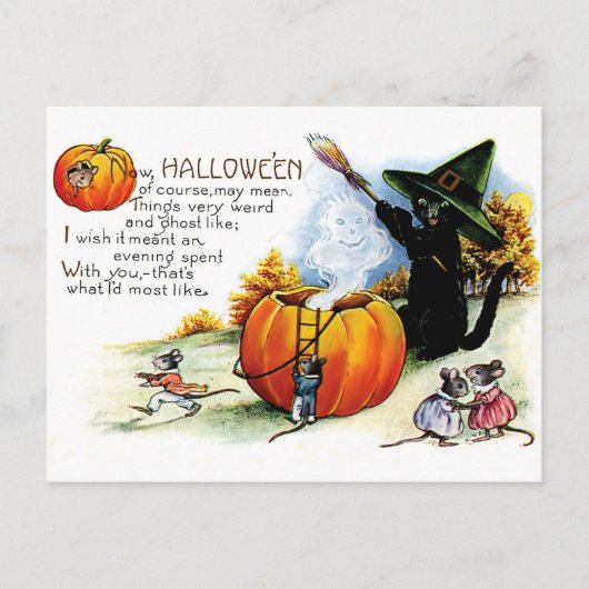 Carte Postale sorcellerie de chat noir d'Halloween (Devant)