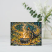 Carte Postale Sorcier de fantasy dynamique avec chaudron magique (Debout devant)