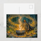 Carte Postale Sorcier de fantasy dynamique avec chaudron magique (Devant / Derrière)