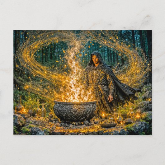 Carte Postale Sorcier de fantasy dynamique avec chaudron magique (Devant)