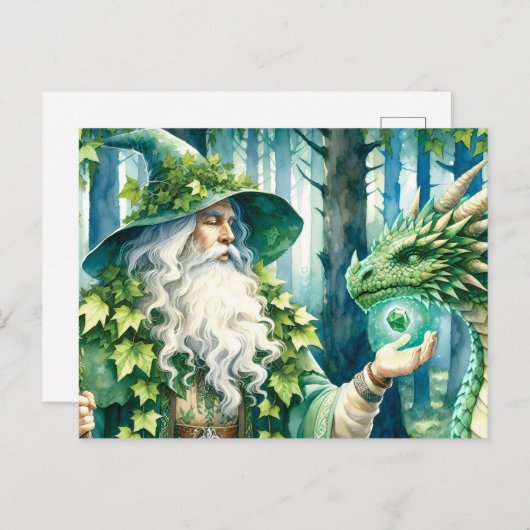 Carte Postale Sorcier des Bois avec Dragon Vert Lumineux (Devant / Derrière)