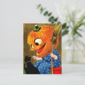 Carte Postale Sorcière à tête citrouille et chat noir (Debout devant)