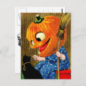 Carte Postale Sorcière à tête citrouille et chat noir (Devant / Derrière)