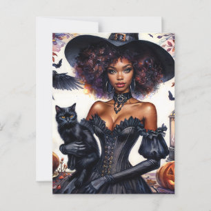 Carte Postale Sorcière afro-américaine avec Halloween de chat no