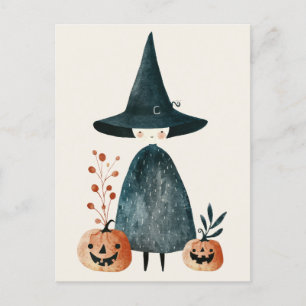 Carte Postale Sorcière aquarelle et Jack-o-lanternes Mignonne Ha