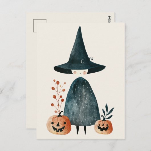 Carte Postale Sorcière aquarelle et Jack-o-lanternes Mignonne Ha (Devant / Derrière)
