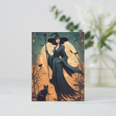 Carte Postale Sorcière Art Déco avec chat noir et Pleine lune (Debout devant)