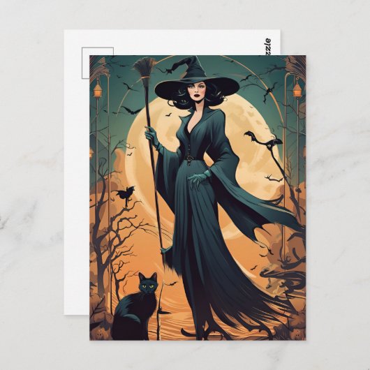 Carte Postale Sorcière Art Déco avec chat noir et Pleine lune (Devant / Derrière)