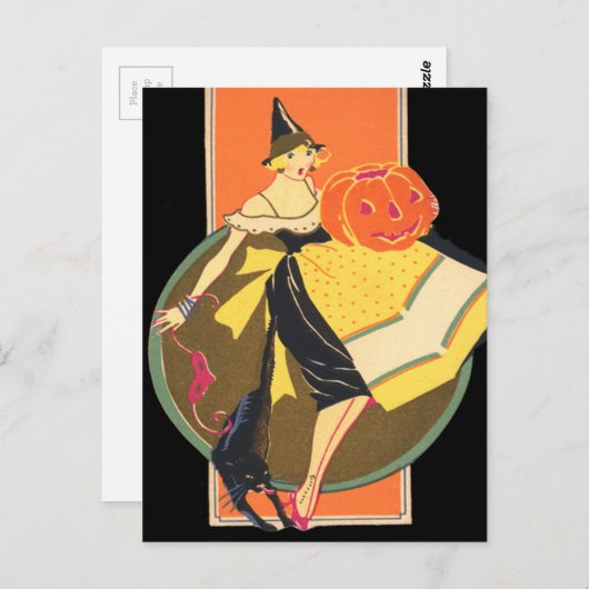 Carte Postale Sorcière Art Déco Jack-o'-lantern Citrouille Chat (Devant / Derrière)