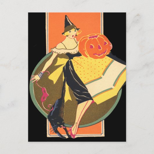 Carte Postale Sorcière Art Déco Jack-o'-lantern Citrouille Chat (Devant)