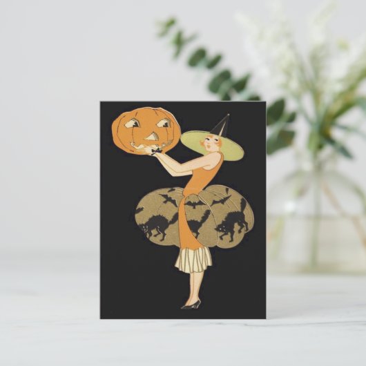 Carte Postale Sorcière Art Déco Jack-o'-lantern Citrouille Chat  (Debout devant)