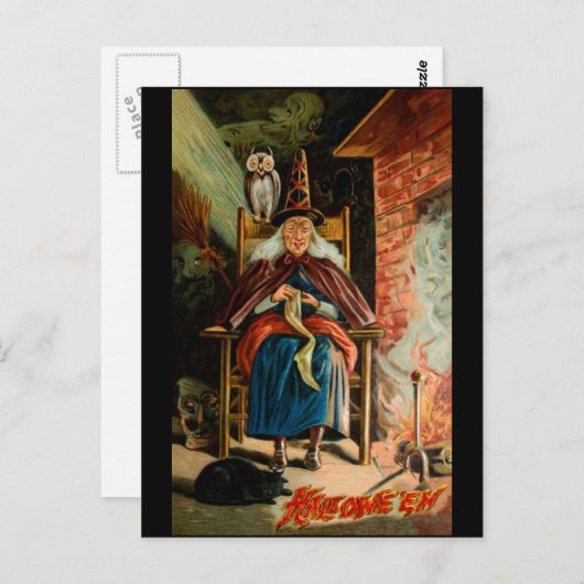Carte Postale Sorcière au foyer (Devant / Derrière)