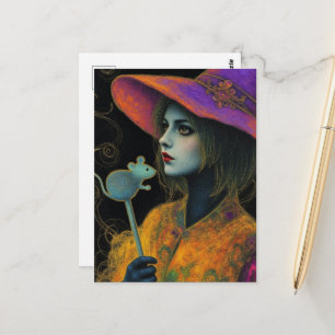 Carte Postale Sorcière avec baguette de souris