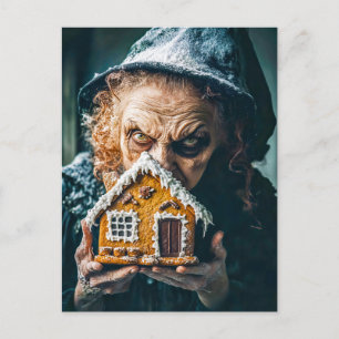 Carte Postale Sorcière avec maison en pain d'épice dans la forêt