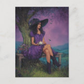 Carte Postale Sorcière avec thé sur un banc sous un arbre (Devant)