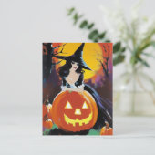 Carte Postale Sorcière avec un citrouille devant une pleine lune (Debout devant)
