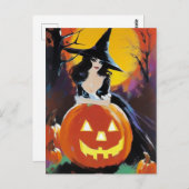 Carte Postale Sorcière avec un citrouille devant une pleine lune (Devant / Derrière)