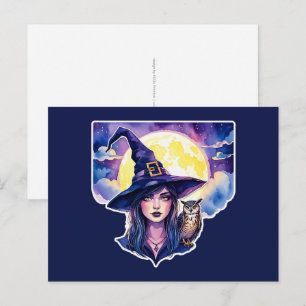 Carte Postale Sorcière avec un hibou - Halloween Fun 1