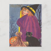 Carte Postale Sorcière Broom Jack-o'-lantern Black Cat Trees (Devant)