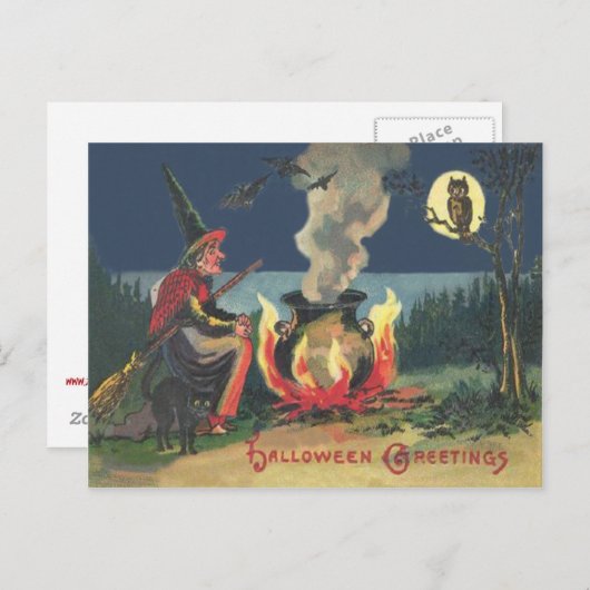 Carte Postale Sorcière Cauldron Chat Bat Noir (Devant / Derrière)