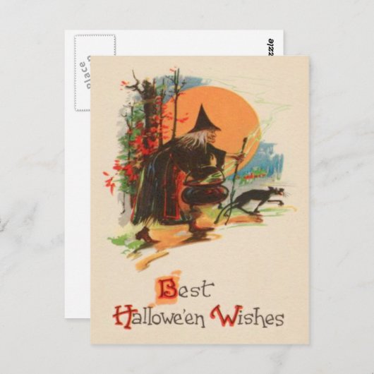 Carte Postale Sorcière Cauldron Pleine lune Chat Noir (Devant / Derrière)