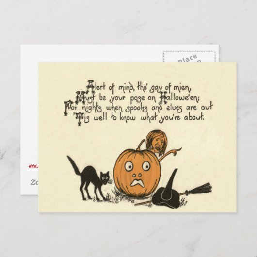Carte Postale Sorcière Chat Noir Poème Jack-o'-lantern (Devant / Derrière)
