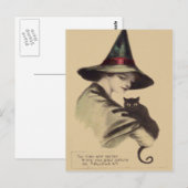 Carte Postale Sorcière Chat Noir Souriant Heureux (Devant / Derrière)