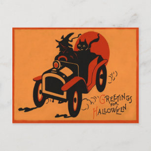Carte Postale Sorcière Chat Noir Voiture Pleine Lune
