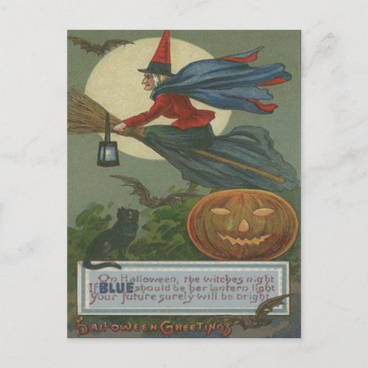 Carte Postale Sorcière Citrouille Chat Noir Pleine Lune (Devant)