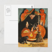 Carte Postale Sorcière Citrouille Diable Démon Chat Noir (Devant / Derrière)