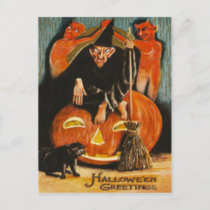 Carte Postale Sorcière Citrouille Diable Démon Chat Noir