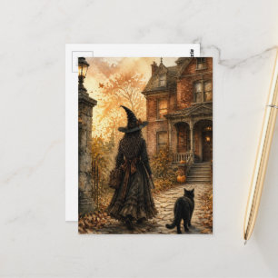 Carte Postale Sorcière d'automne et son chat noir marchent sur l