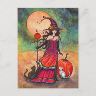 Carte Postale Sorcière de chat de la lune d'octobre, Art fantast
