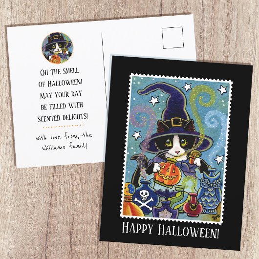 Carte Postale Sorcière de chat personnalisée "Odeur d'Halloween"